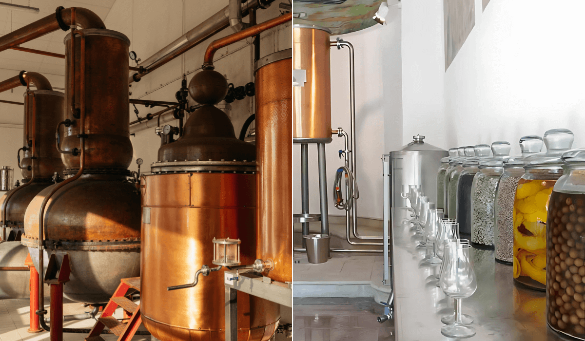 (Left) Original copper still and (Right) Mediterranean botanicals